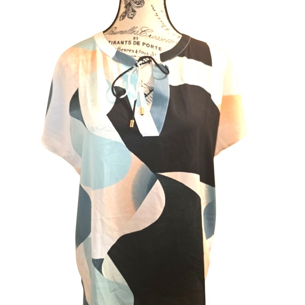 DKNY Abstract Black/White/Pastel Tie Front‎ Blouse Sz M